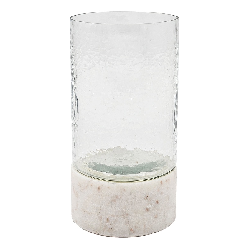 Candle Holder with Textured Glass Shade- White Coastal Stone Base- 8 Inch