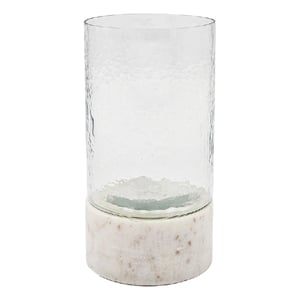Candle Holder with Textured Glass Shade- White Coastal Stone Base- 8 Inch