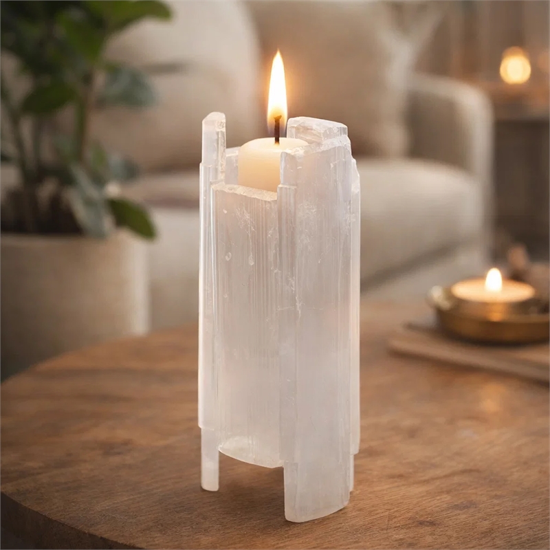Decorative Candle Holder- Coastal White Selenite Stone- 8 Inch