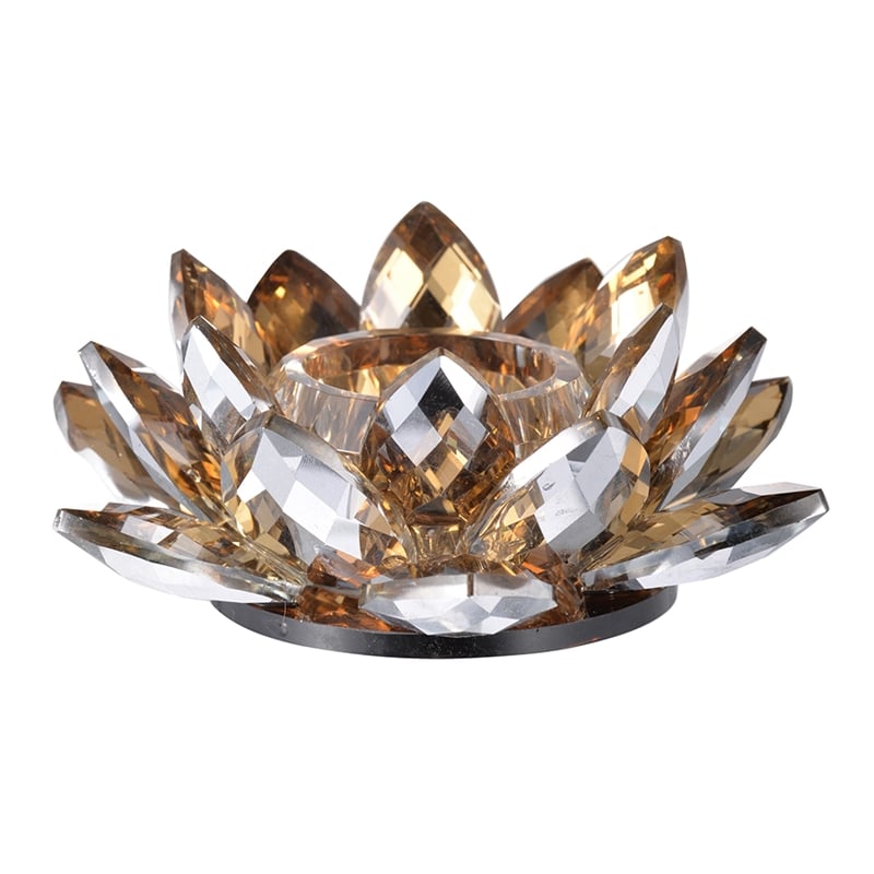 Decorative Candle Holder- Gold Amber Blooming Lotus Glass- 9 Inch