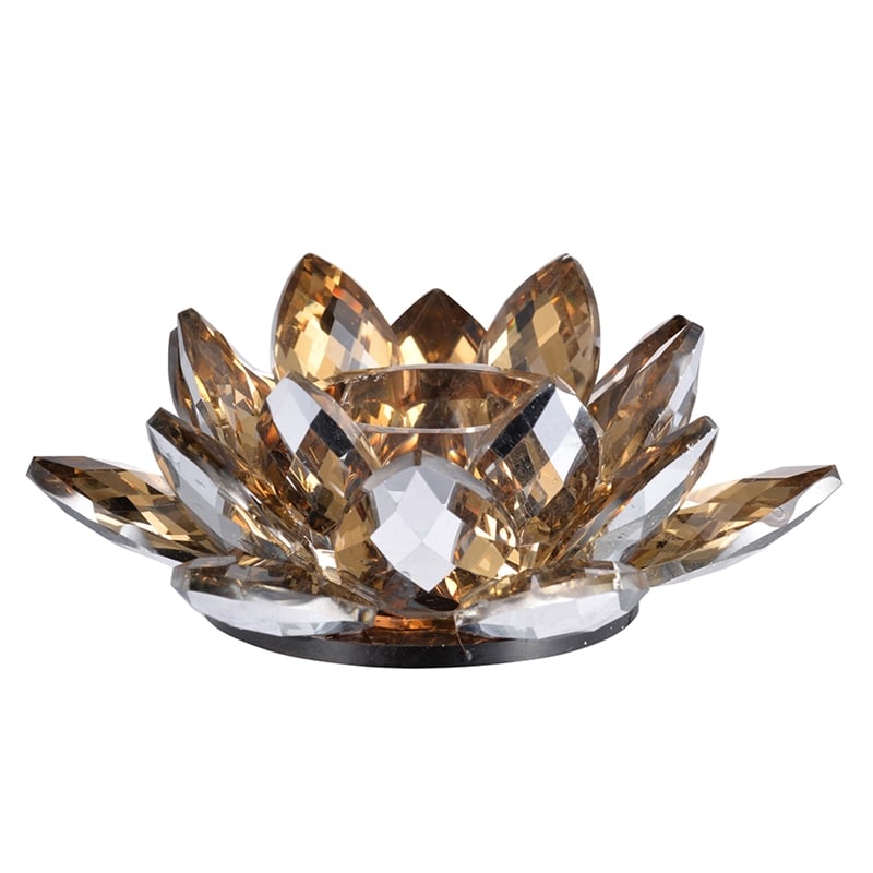 Decorative Candle Holder- Gold Amber Blooming Lotus Glass- 9 Inch