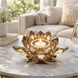 Decorative Candle Holder- Gold Amber Blooming Lotus Glass- 9 Inch