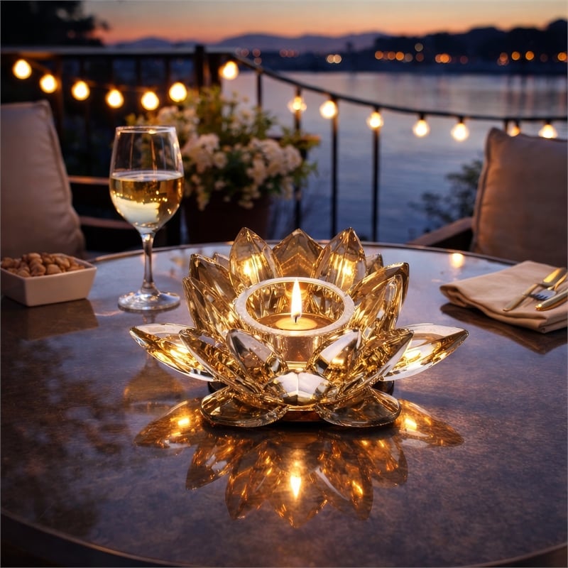 Decorative Candle Holder- Gold Amber Blooming Lotus Glass- 9 Inch