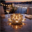 Decorative Candle Holder- Gold Amber Blooming Lotus Glass- 9 Inch