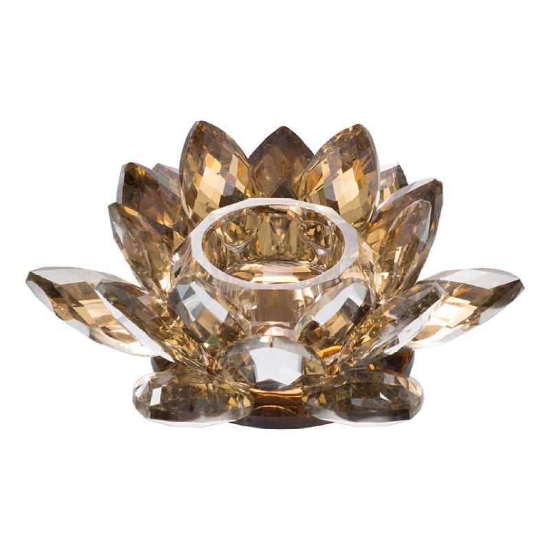 Decorative Candle Holder- Gold Amber Blooming Lotus Glass- 9 Inch