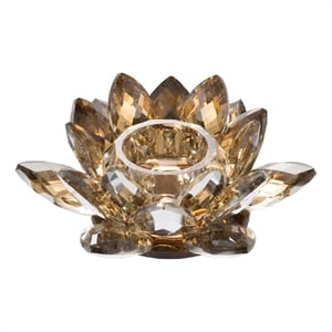 Decorative Candle Holder- Gold Amber Blooming Lotus Glass- 9 Inch