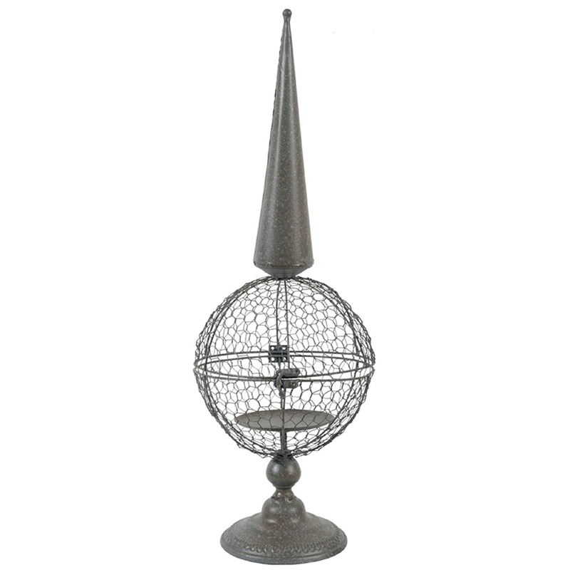 Candle Holder- Pointed Cone Finial on Wired Orb- Gray Metal 26 Inch