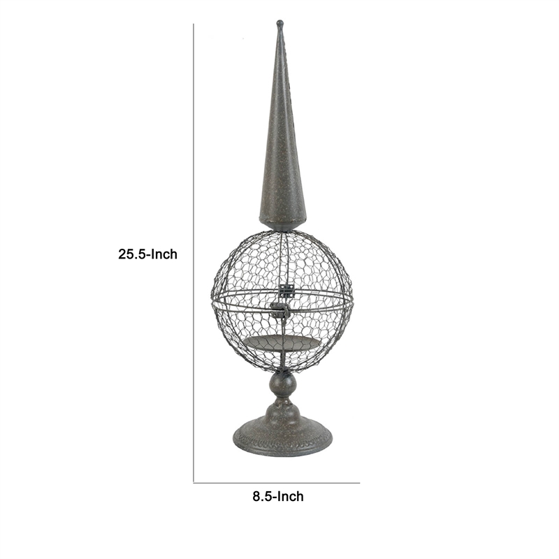 Candle Holder- Pointed Cone Finial on Wired Orb- Gray Metal 26 Inch