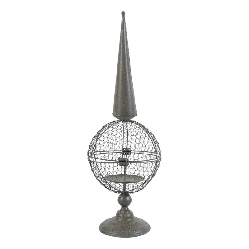 Candle Holder- Pointed Cone Finial on Wired Orb- Gray Metal 26 Inch