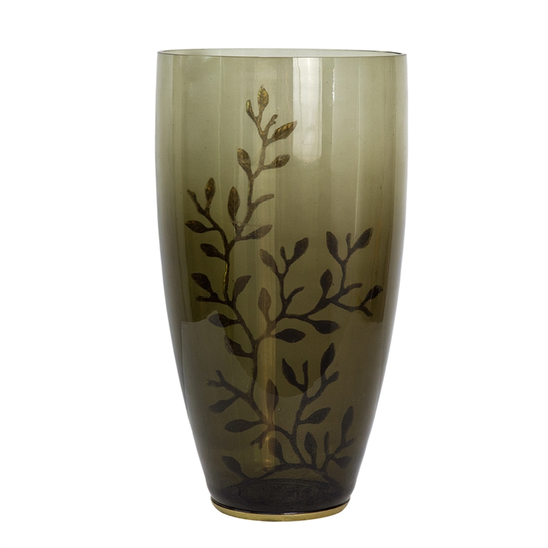 Keath Large Vase with Gold Capri Leaf Design- Brass- Green Glass 15 Inch