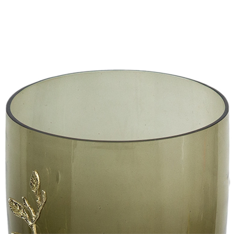 Keath Large Vase with Gold Capri Leaf Design- Brass- Green Glass 15 Inch