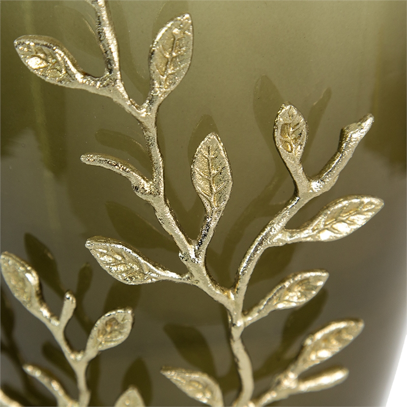 Keath Large Vase with Gold Capri Leaf Design- Brass- Green Glass 15 Inch