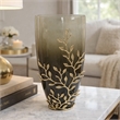 Keath Large Vase with Gold Capri Leaf Design- Brass- Green Glass 15 Inch