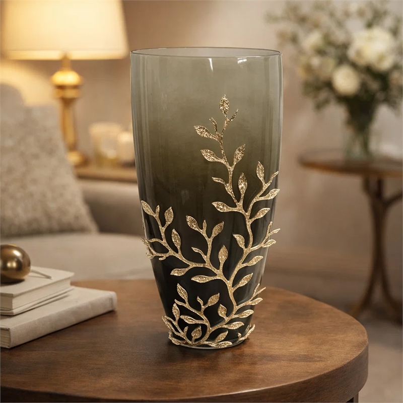 Keath Large Vase with Gold Capri Leaf Design- Brass- Green Glass 15 Inch