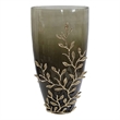 Keath Large Vase with Gold Capri Leaf Design- Brass- Green Glass 15 Inch
