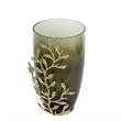 Keath Small Vase with Gold Capri Leaf Design- Brass- Green Glass 11 Inch