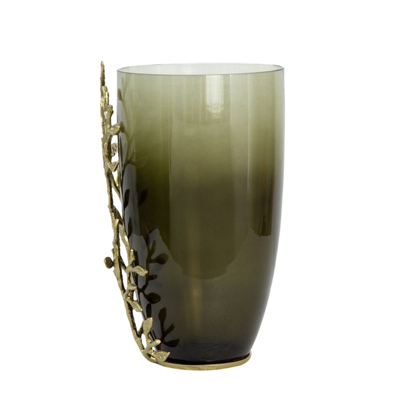 Keath Small Vase with Gold Capri Leaf Design- Brass- Green Glass 11 Inch