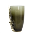 Keath Small Vase with Gold Capri Leaf Design- Brass- Green Glass 11 Inch