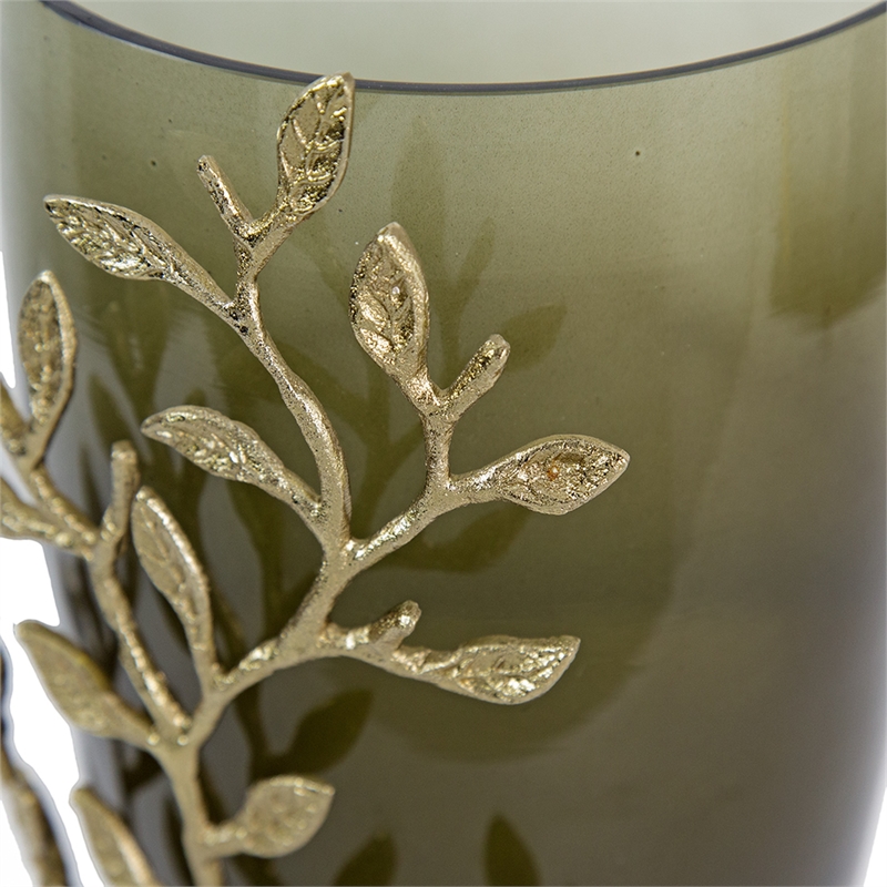 Keath Small Vase with Gold Capri Leaf Design- Brass- Green Glass 11 Inch
