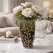Keath Small Vase with Gold Capri Leaf Design- Brass- Green Glass 11 Inch