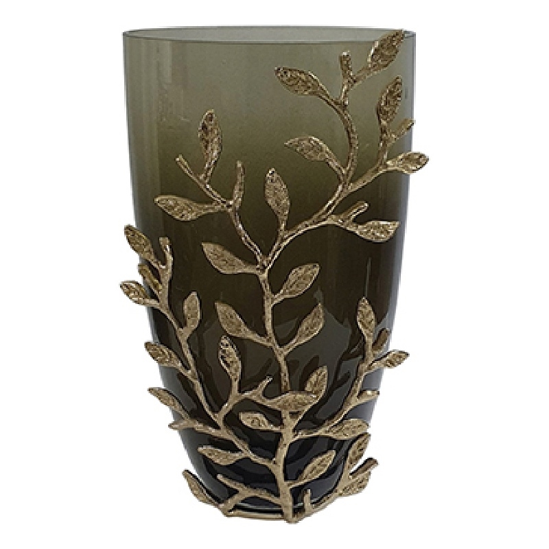 Keath Small Vase with Gold Capri Leaf Design- Brass- Green Glass 11 Inch