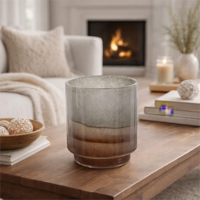 Ibiza Handcrafted Decor Vase- Wood Base- Layered Brown-Gray Glass 9 Inch