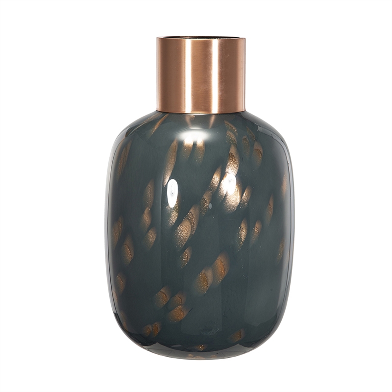 Celina Round Vase- Copper Fleck Details- Iron Neck Blue Glass- 17 Inch