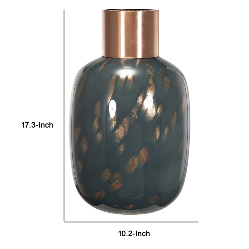 Celina Round Vase- Copper Fleck Details- Iron Neck Blue Glass- 17 Inch