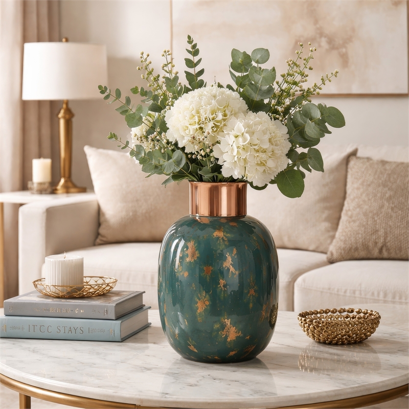 Celina Round Vase- Copper Fleck Details- Iron Neck Blue Glass- 17 Inch