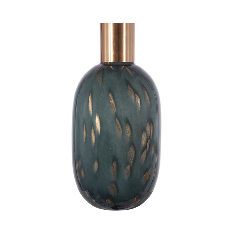 Celina Round Vase with Copper Fleck Details Blue Glass- Iron Neck- 20 Inch
