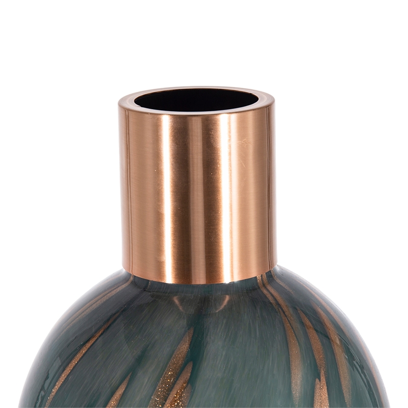 Celina Round Vase with Copper Fleck Details Blue Glass- Iron Neck- 20 Inch