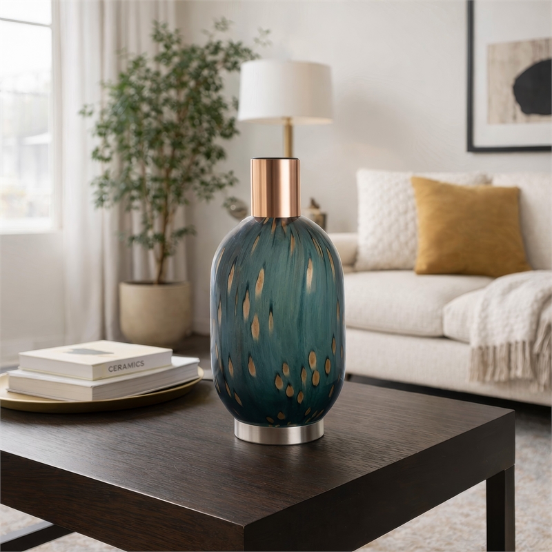 Celina Round Vase with Copper Fleck Details Blue Glass- Iron Neck- 20 Inch