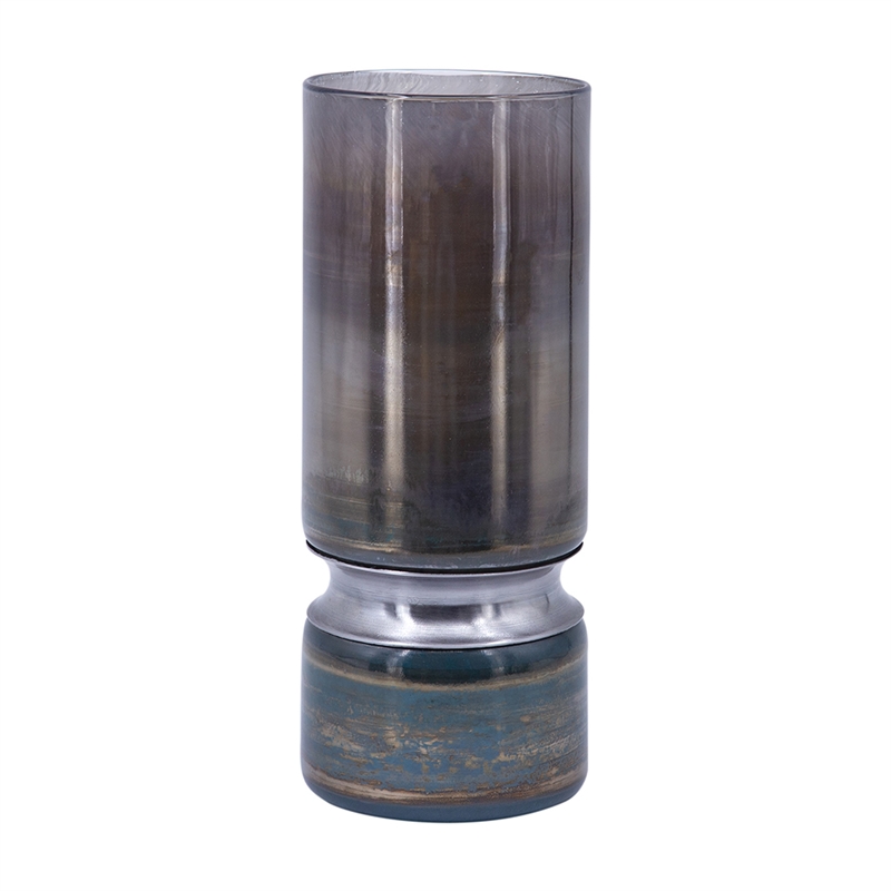 Jane Large Decorative Vase- Steel Base- Layered Blue-Black Glass 13 Inch
