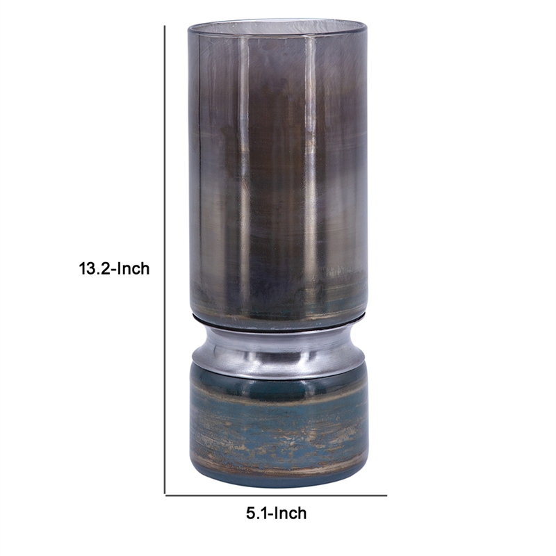 Jane Large Decorative Vase- Steel Base- Layered Blue-Black Glass 13 Inch