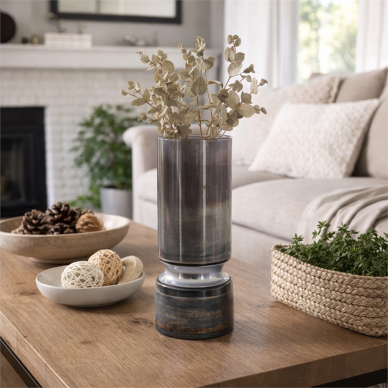 Jane Large Decorative Vase- Steel Base- Layered Blue-Black Glass 13 Inch