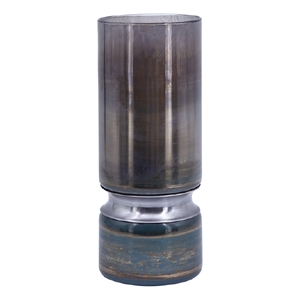 Jane Large Decorative Vase- Steel Base- Layered Blue-Black Glass 13 Inch