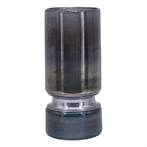 Jane Small Decorative Vase- Steel Base- Layered Blue-Black Glass 11 Inch