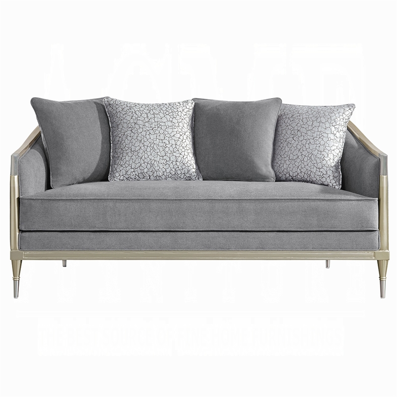 Fero Loveseat with 4 Pillows- Gray Chenille- Champagne Wood Trim- 71 Inch
