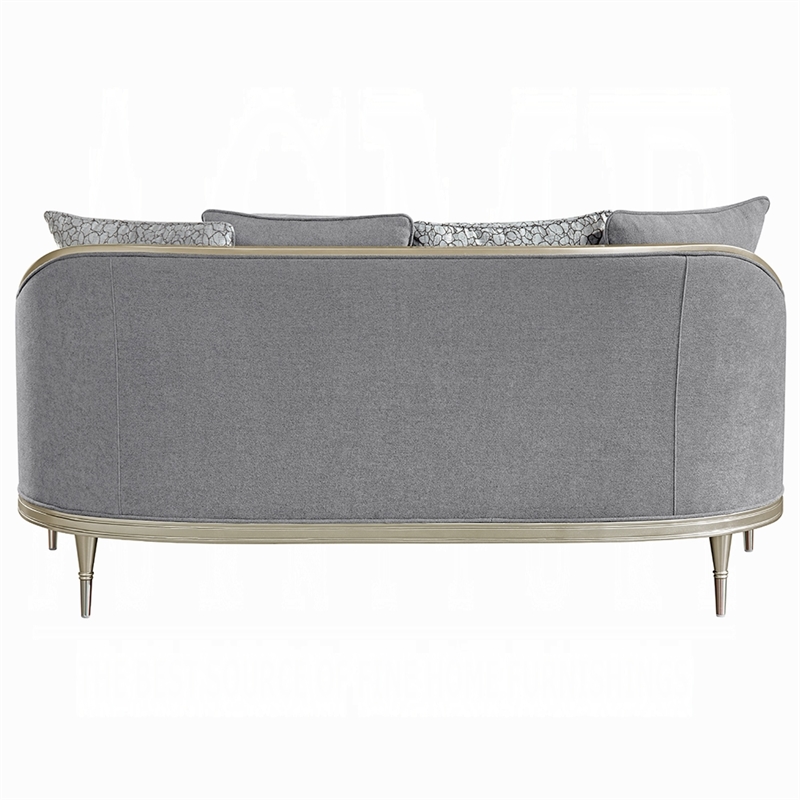 Fero Loveseat with 4 Pillows- Gray Chenille- Champagne Wood Trim- 71 Inch
