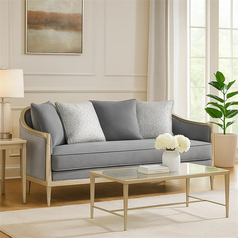 Fero Loveseat with 4 Pillows- Gray Chenille- Champagne Wood Trim- 71 Inch