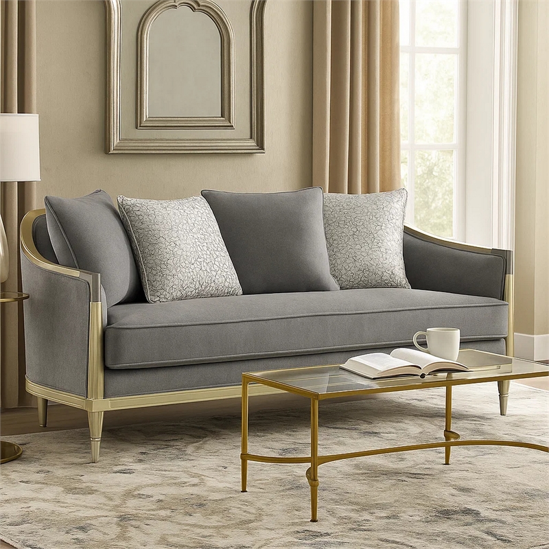 Fero Loveseat with 4 Pillows- Gray Chenille- Champagne Wood Trim- 71 Inch