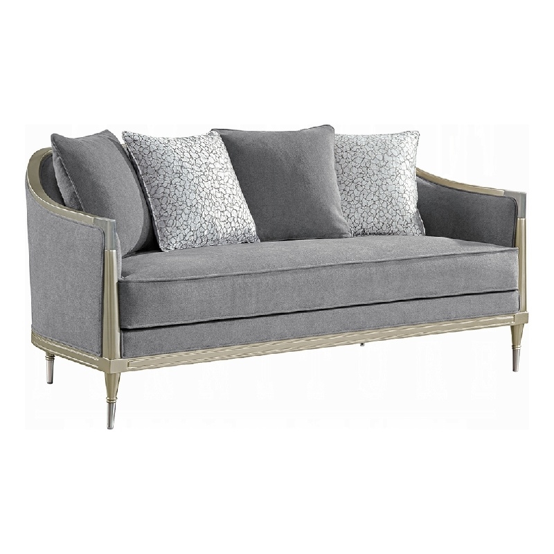 Fero Loveseat with 4 Pillows- Gray Chenille- Champagne Wood Trim- 71 Inch