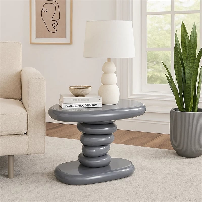 Fory End Table- 22 Inch Asymmetric Stacked Pebble Base- High Gloss Gray