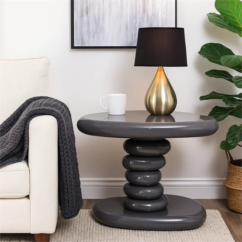 Fory End Table- 22 Inch Asymmetric Stacked Pebble Base- High Gloss Gray