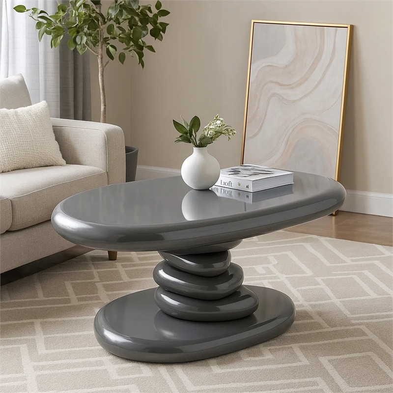 Fory End Table- 30 Inch Asymmetric Stacked Pebble Base- High Gloss Gray