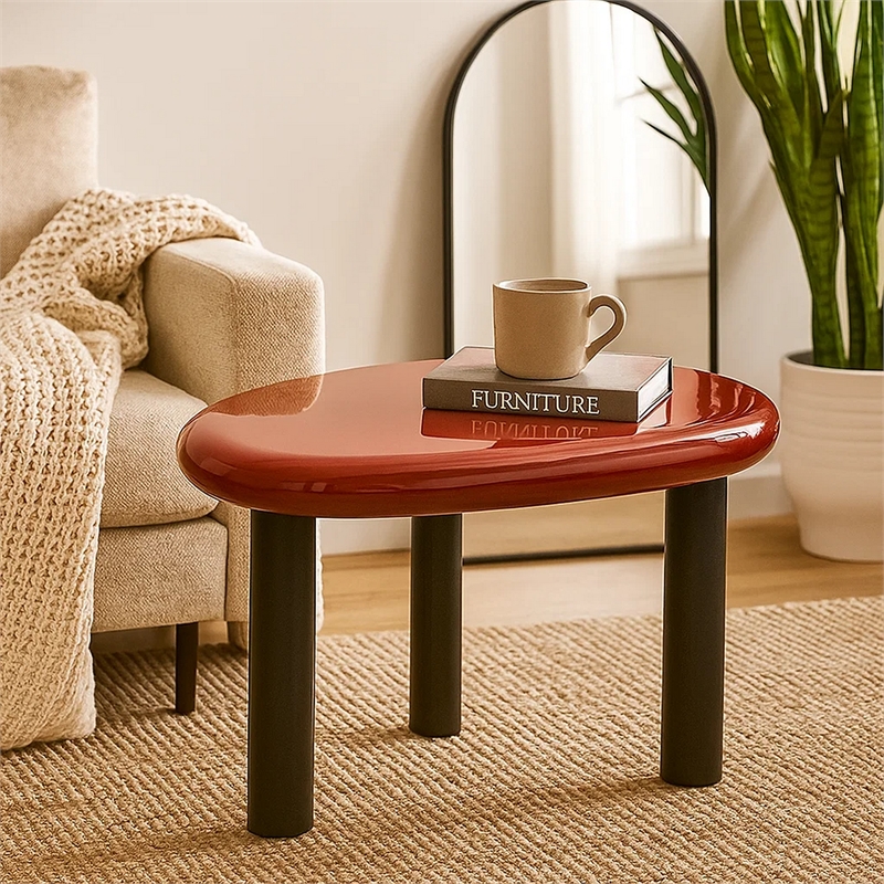 Endy End Table- 21 Inch Asymmetric Red High Gloss- 3 Round Metal Legs