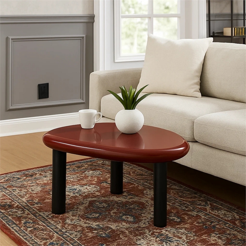 Endy End Table- 21 Inch Asymmetric Red High Gloss- 3 Round Metal Legs