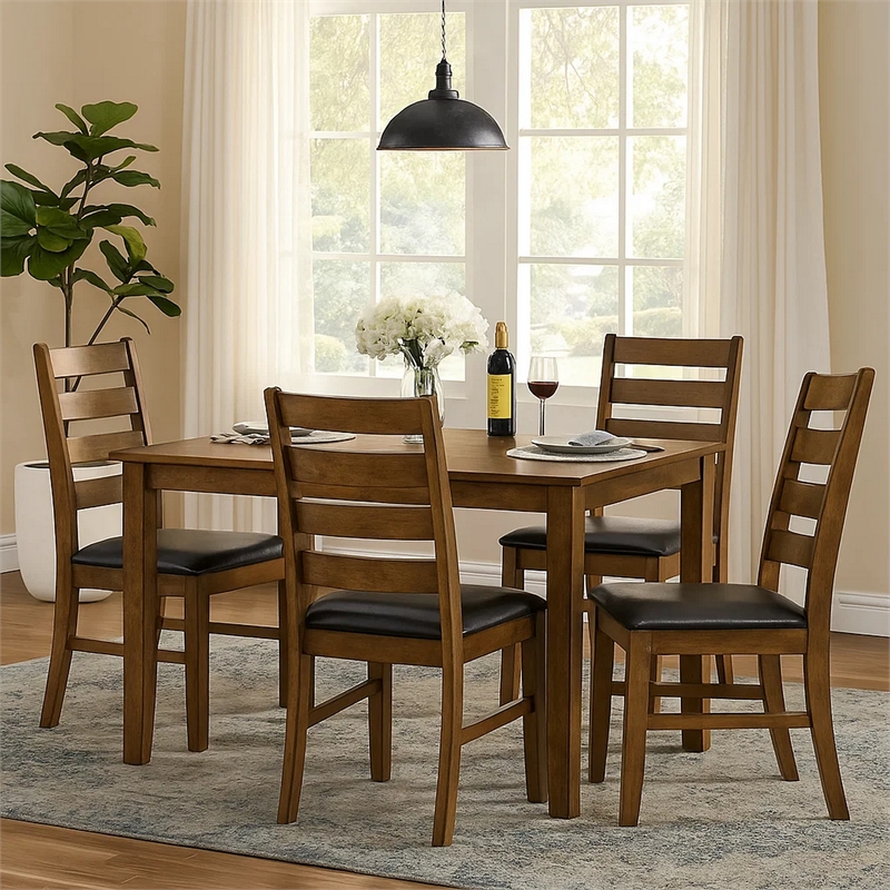 Dexy Dining Side Chair Set of 2- Ladderback- Walnut Brown Faux Leather