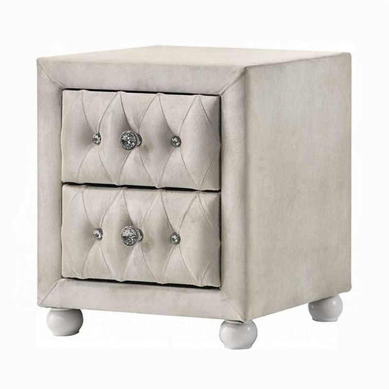Rex Nightstand- 2 Drawers- Classic Crystal Tufted Beige Upholstery