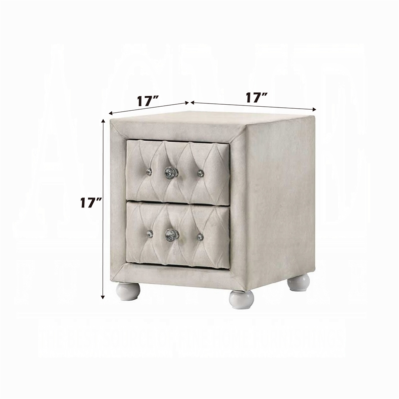 Rex Nightstand- 2 Drawers- Classic Crystal Tufted Beige Upholstery